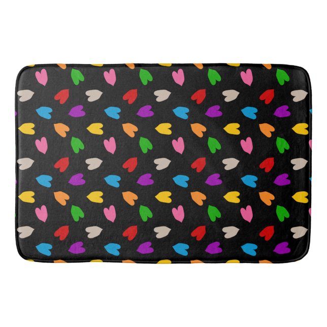 Colourful Love Hearts Pattern Design Black  Bath Mat (Front)