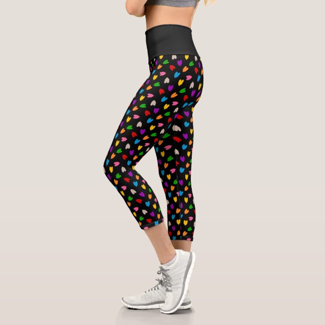 Colourful Love Hearts Pattern Design Black  Capri Leggings (Left)