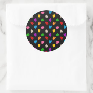Colourful Love Hearts Pattern Design Black Classic Round Sticker