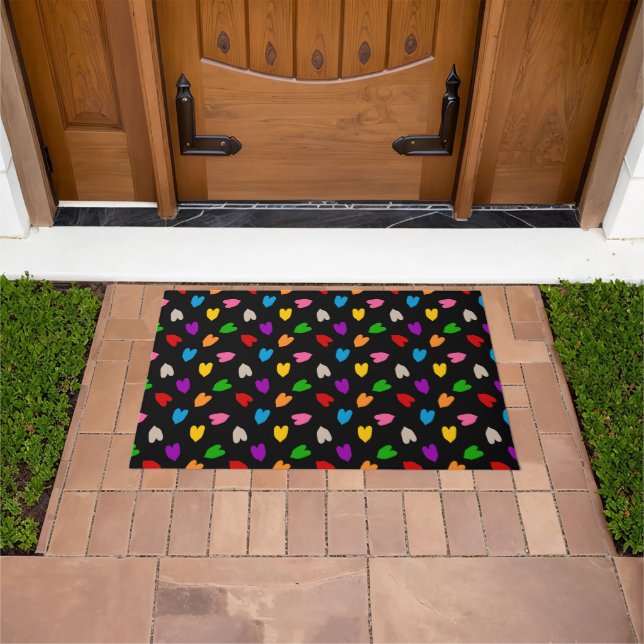 Colourful Love Hearts Pattern Design Black  Doormat (Outdoor)