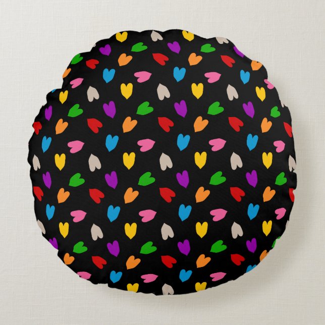 Colourful Love Hearts Pattern Design Black  Round Cushion (Front)