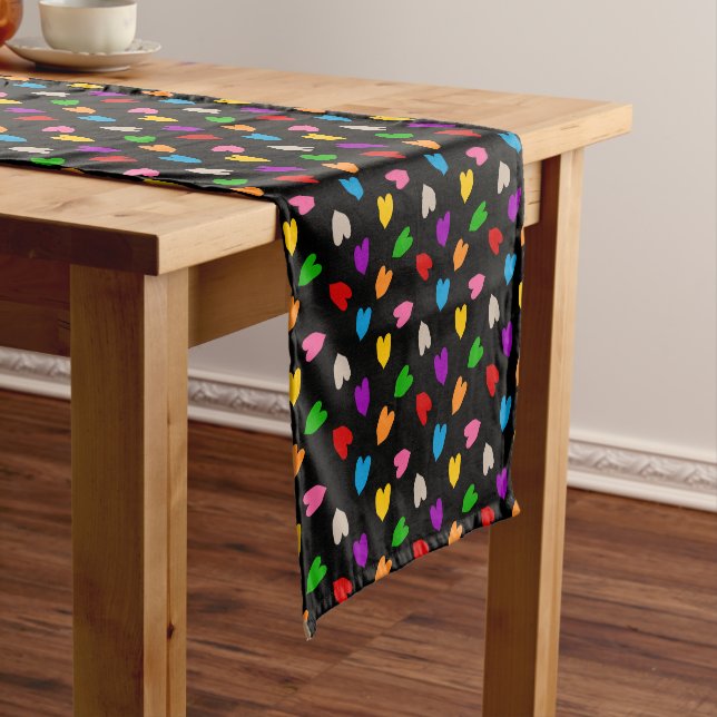 Colourful Love Hearts Pattern Design Black  Short Table Runner (In Situ)