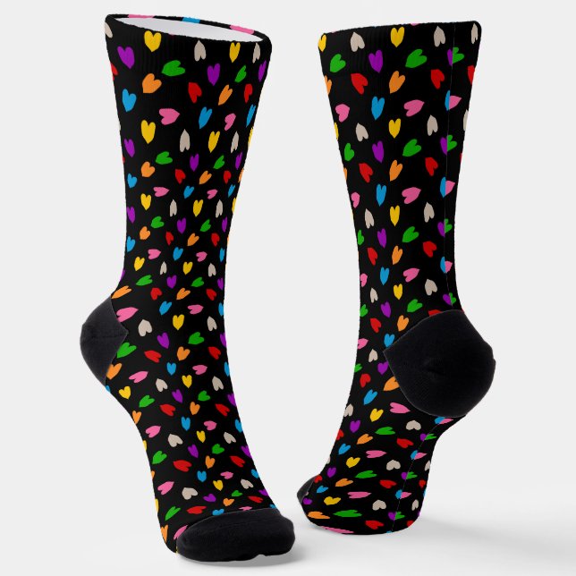 Colourful Love Hearts Pattern Design Black  Socks (Angled)