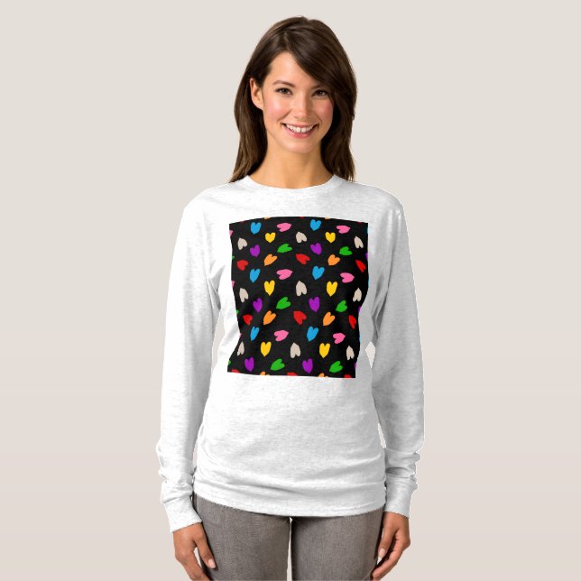 Colourful Love Hearts Pattern Design Black  T-Shirt (Front Full)