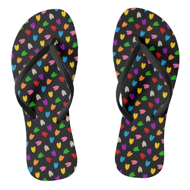 Colourful Love Hearts Pattern Design Black  Thongs (Footbed)