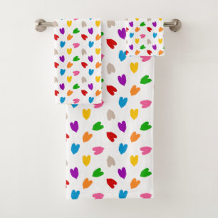 Colourful Love Hearts Pattern Design White Bath Towel Set