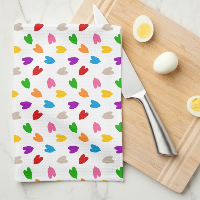 Colourful Love Hearts Pattern Design White  Tea Towel (Quarter Fold)