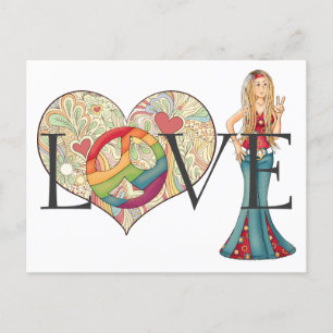 Colourful LOVE, Peace and Flower Heart Hippie Girl Postcard