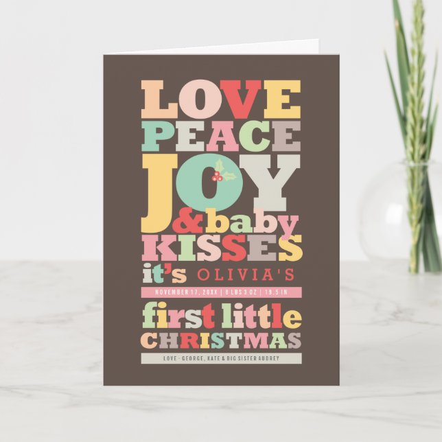 Colourful Love Peace Joy And Baby Kisses Letters Holiday Card (Front)