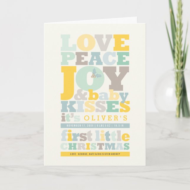 Colourful Love Peace Joy And Baby Kisses Letters Holiday Card (Front)