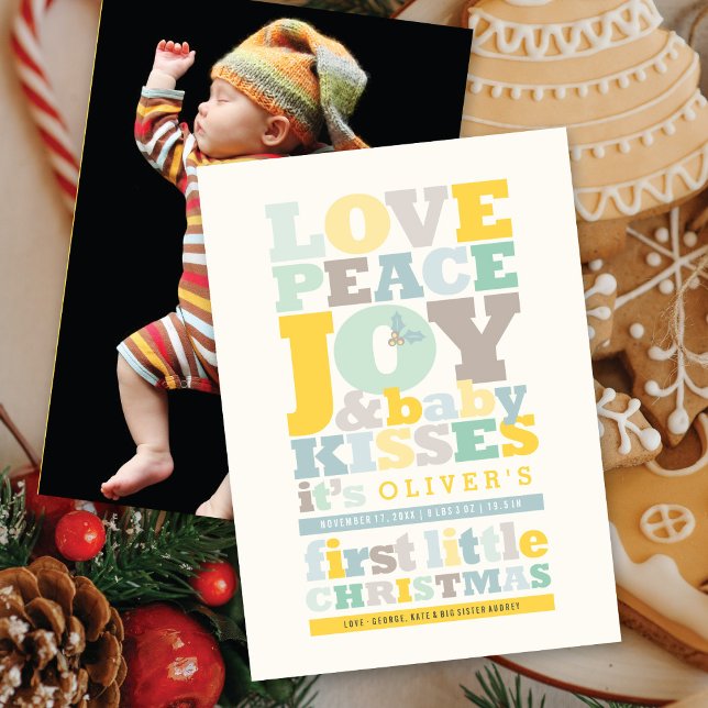 Colourful Love Peace Joy And Baby Kisses Letters Holiday Card (Creator Uploaded)
