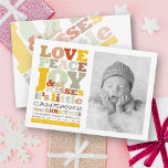 Colourful Love Peace Joy And Baby Kisses Letters Holiday Card<br><div class="desc">Colourful Love Peace Joy And Baby Kisses First Christmas Letter Blocks Modern And Fun Typography Holiday Birth Announcement / Greetings Photo Card. Photo can be repositioned to left or right. Back pattern can be deleted for more custom text. The base background can be changed to any colour of your choice....</div>