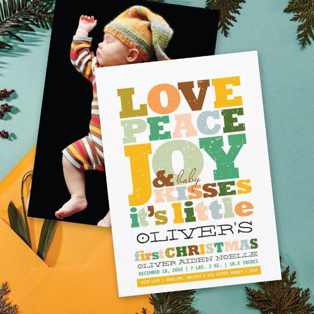 Colourful Love Peace Joy And Baby Kisses Letters Holiday Card (Creator Uploaded)