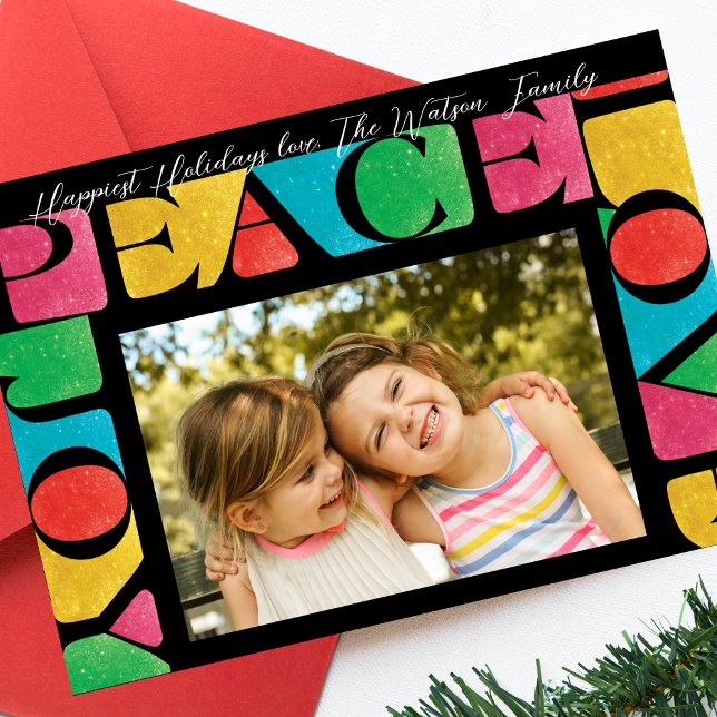 colourful LOVE PEACE JOY one photo  modern frame Holiday Card (Creator Uploaded)
