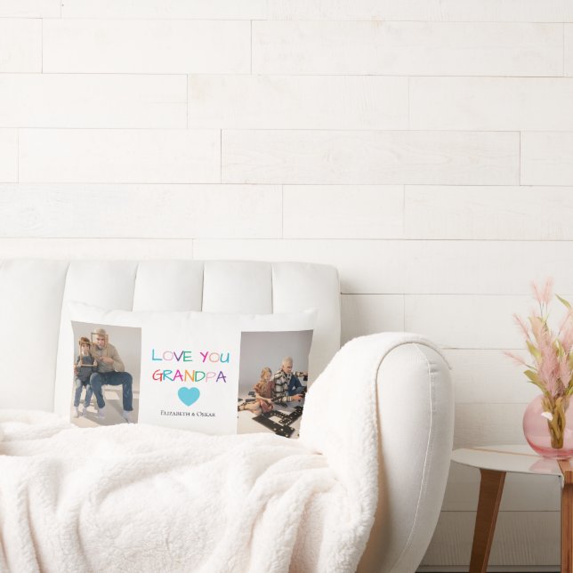 Colourful “Love You Grandpa” Text and Custom Photo Lumbar Cushion (Couch)