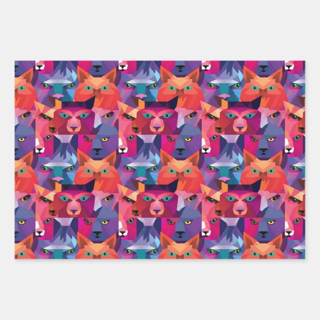 Colourful Low Poly Animals Pattern Wrapping Paper Sheet (Front)