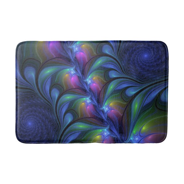 Colourful Luminous Abstract Blue Pink Green Fracta Bath Mat (Front)