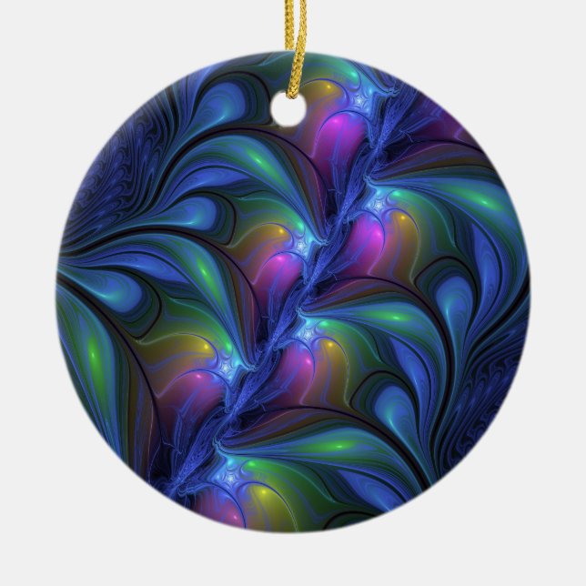 Colourful Luminous Abstract Blue Pink Green Fracta Ceramic Ornament (Front)