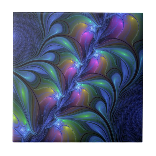 Colourful Luminous Abstract Blue Pink Green Fracta Ceramic Tile (Front)