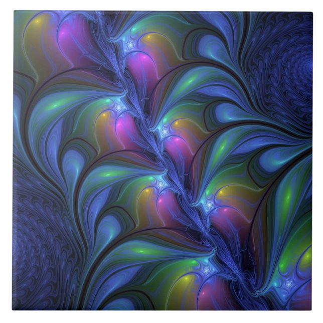 Colourful Luminous Abstract Blue Pink Green Fracta Ceramic Tile (Front)