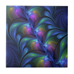 Colourful Luminous Abstract Blue Pink Green Fracta Ceramic Tile