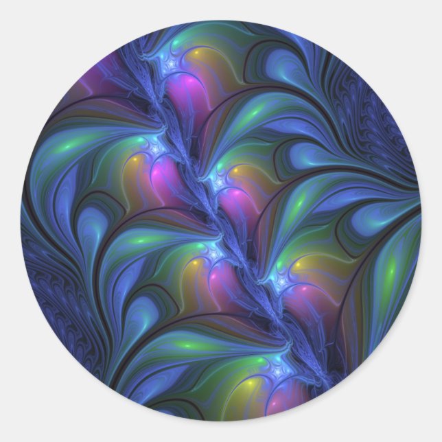 Colourful Luminous Abstract Blue Pink Green Fracta Classic Round Sticker (Front)