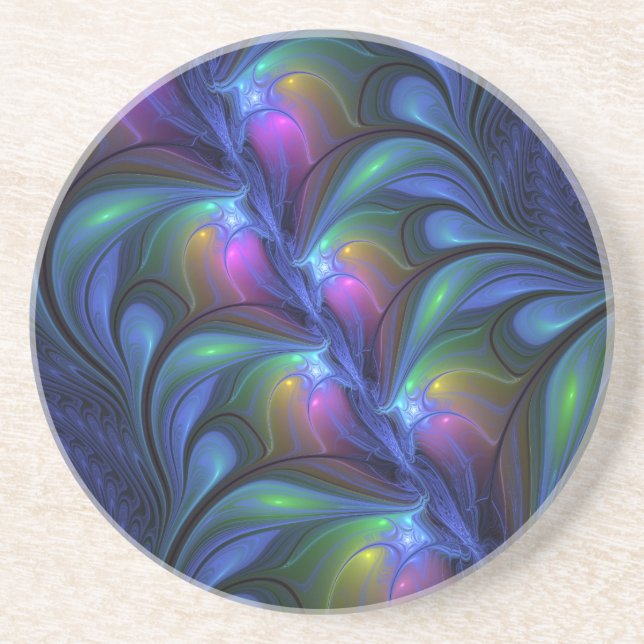 Colourful Luminous Abstract Blue Pink Green Fracta Coaster (Front)