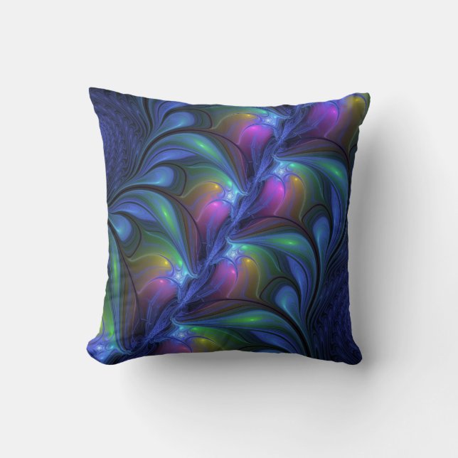 Colourful Luminous Abstract Blue Pink Green Fracta Cushion (Front)
