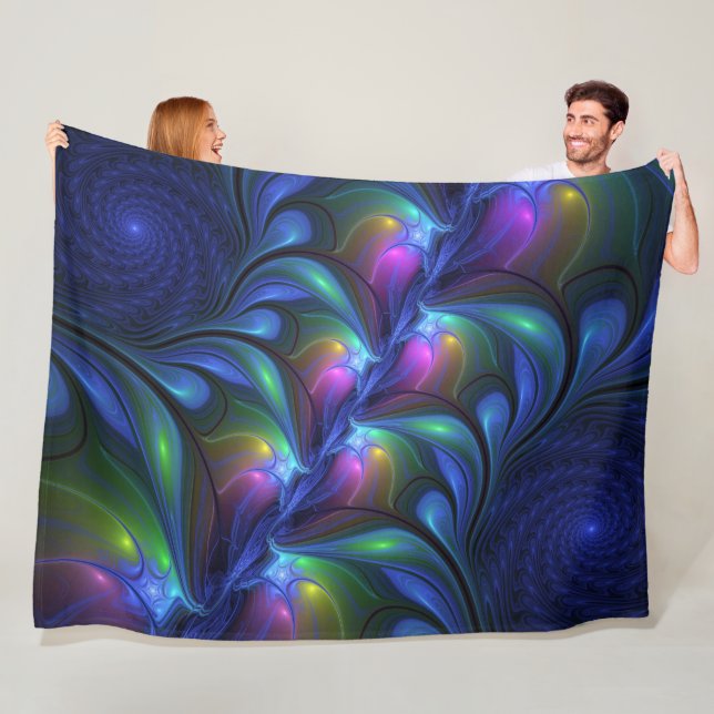 Colourful Luminous Abstract Blue Pink Green Fracta Fleece Blanket (In Situ)