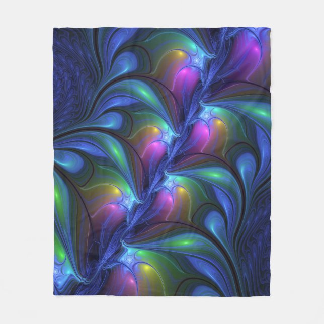 Colourful Luminous Abstract Blue Pink Green Fracta Fleece Blanket (Front)