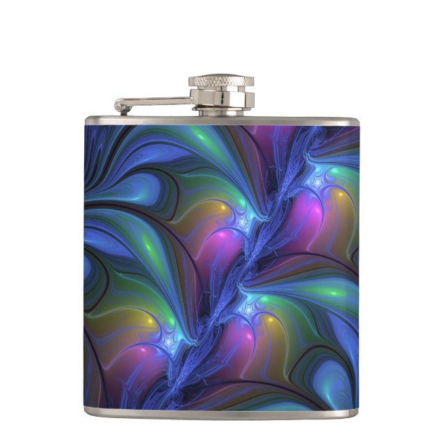 Colourful Luminous Abstract Blue Pink Green Fracta Hip Flask (Front)