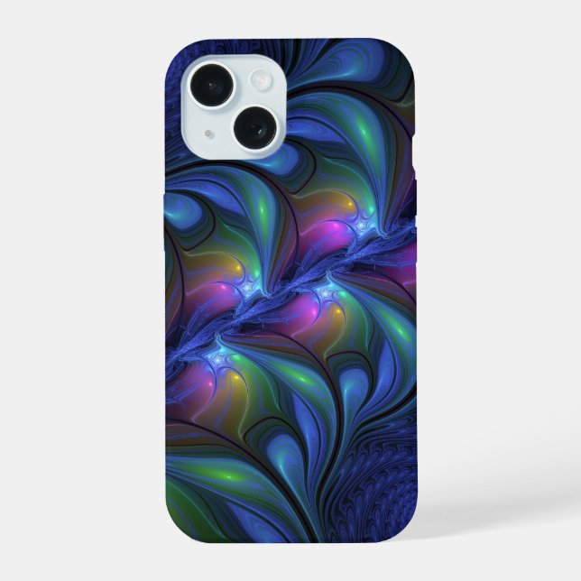 Colourful Luminous Abstract Blue Pink Green Fracta iPhone 15 Case (Back)
