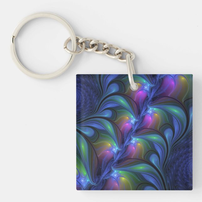 Colourful Luminous Abstract Blue Pink Green Fracta Key Ring (Front)