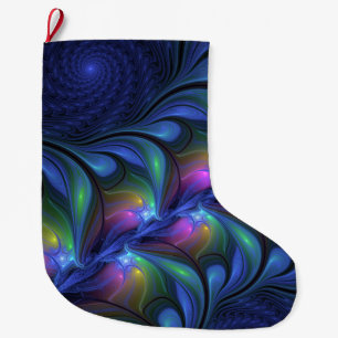 Colourful Luminous Abstract Blue Pink Green Fracta Large Christmas Stocking