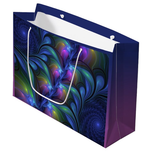 Colourful Luminous Abstract Blue Pink Green Fracta Large Gift Bag (Front Angled)