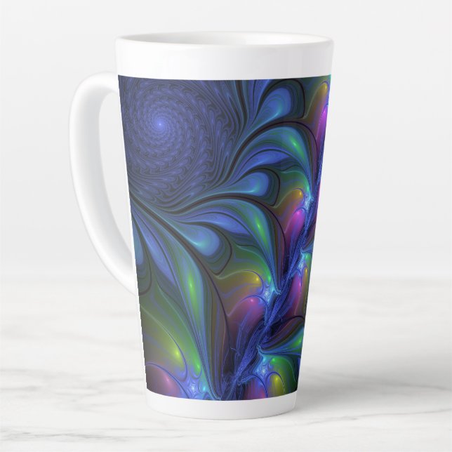 Colourful Luminous Abstract Blue Pink Green Fracta Latte Mug (Left Angle)
