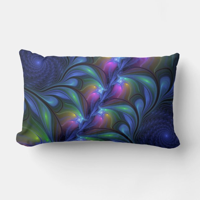 Colourful Luminous Abstract Blue Pink Green Fracta Lumbar Cushion (Front)