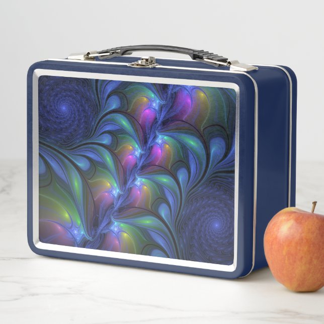Colourful Luminous Abstract Blue Pink Green Fracta Metal Lunch Box (In Situ)