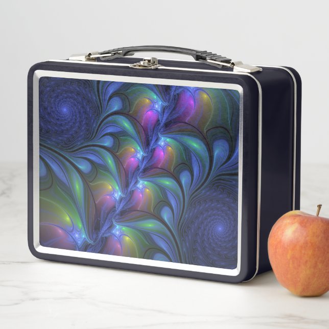 Colourful Luminous Abstract Blue Pink Green Fracta Metal Lunch Box (In Situ)