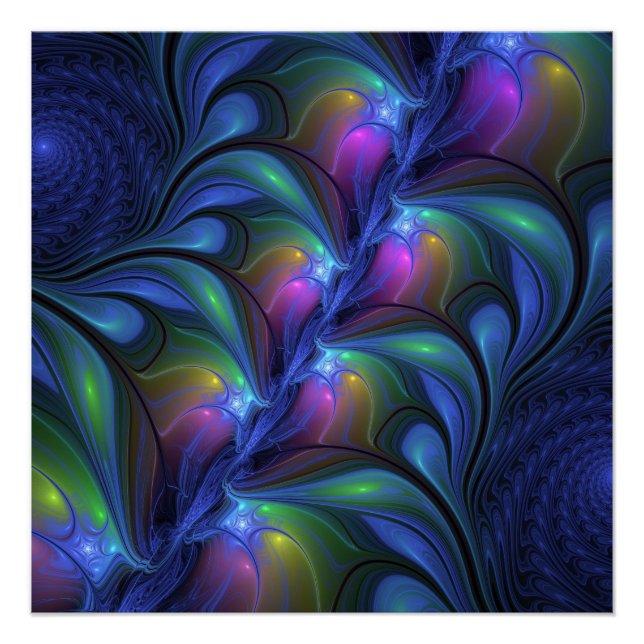 Colourful Luminous Abstract Blue Pink Green Fracta Poster (Front)