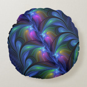 Colourful Luminous Abstract Blue Pink Green Fracta Round Cushion