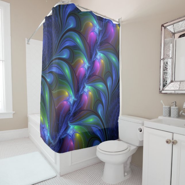 Colourful Luminous Abstract Blue Pink Green Fracta Shower Curtain (In Situ)
