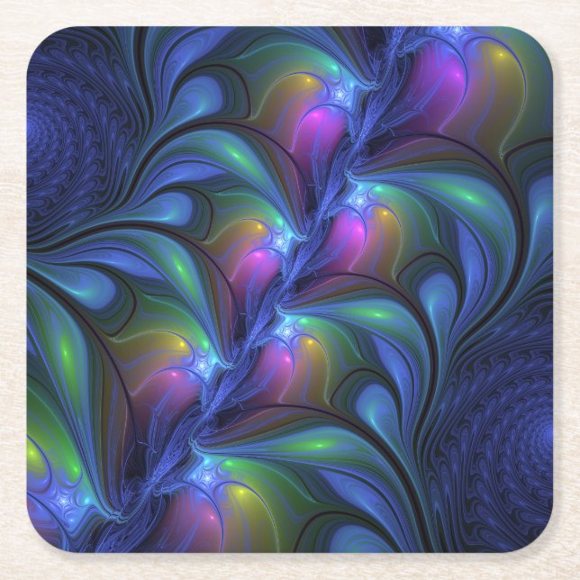 Colourful Luminous Abstract Blue Pink Green Fracta Square Paper Coaster (Front)