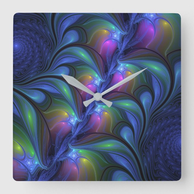 Colourful Luminous Abstract Blue Pink Green Fracta Square Wall Clock (Front)