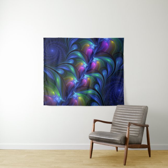 Colourful Luminous Abstract Blue Pink Green Fracta Tapestry (In Situ (Horizontal))