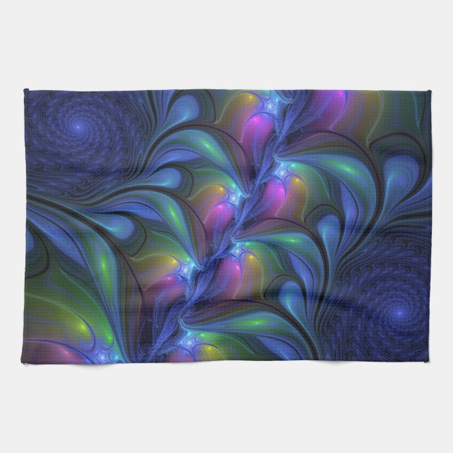 Colourful Luminous Abstract Blue Pink Green Fracta Tea Towel (Horizontal)