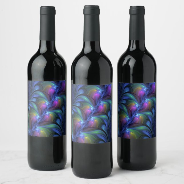 Colourful Luminous Abstract Blue Pink Green Fracta Wine Label (Bottles)