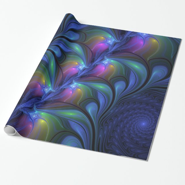 Colourful Luminous Abstract Blue Pink Green Fracta Wrapping Paper (Unrolled)