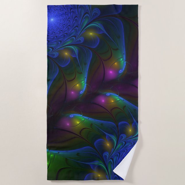 Colourful Luminous Abstract Modern Trippy Fractal Beach Towel (Front)