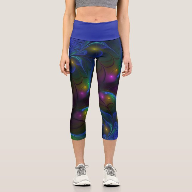Colourful Luminous Abstract Modern Trippy Fractal Capri Leggings (Front)